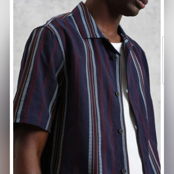 Wax London Men's Navy Dobby Striped Didcot Shirt L 100% Organic cotton NEW